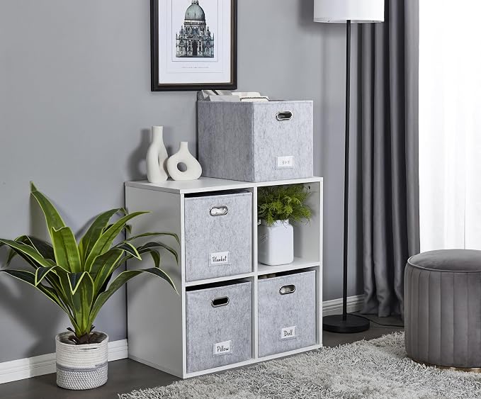 DECOMOMO Felt Storage Bins, 13x15x13 Storage Cube Bins with Labels | 4 Pack Storage Baskets for Shelves, Kallax (Light Grey)