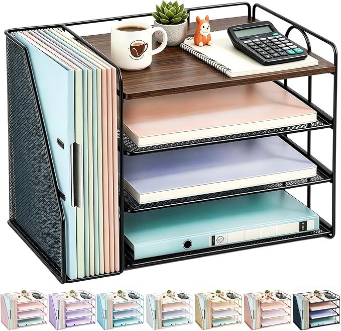 gianotter 4-Tier Paper Organizer With Magazine Holder, Desk Organizers and Accessories, Desk Accessories & Workspace Organizers, File Organizer for Office Supplies Storag (Wood, 4-Tier)