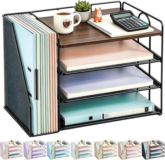 gianotter 4-Tier Paper Organizer With Magazine Holder, Desk Organizers and Accessories, Desk Accessories & Workspace Organizers, File Organizer for Office Supplies Storag (Wood, 4-Tier)
