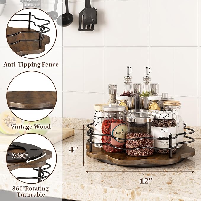12" Lazy Susan Turntable Organizer,Round Wooden Lazy Susan Organization and Rotating Spice Rack for Dining Table,Pantry,Kitchen Countertop,Vanity,Cupboard and More.Heightened Version