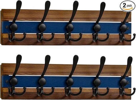 SKOLOO Rustic Wall Mounted Coat Rack - 16-7/8" Long Coat Hooks for Wall with 5 Triple Hooks for Hanging Coats, Hats or Tools, Western National Parks Collection, Wood Brown & Blue, Pack of 2