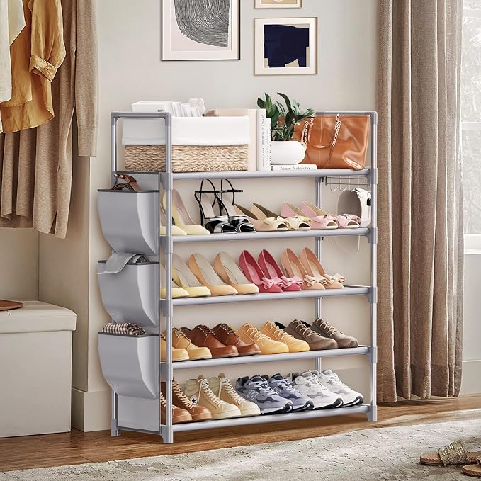 VILICK Shoe Rack for Closet Shoe Organizer Space Saver Storage for 20-25 Pair Shoe Shelf with Hook and Side Pocket Free Standing 5 Tier Shoe Rack Organizer for Entryway,Small Spaces, Grey