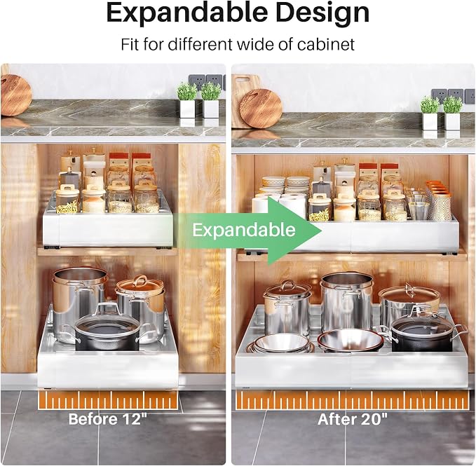 Pull out Cabinet Organizer, Expandable(12"-20") Heavy Duty Slide out Drawers Fixed with Adhesive Nano Film for Pots, Roll out Shelf Storage for Kitchen Base Cabinet, Pantry, Bathroom(2-Pack)