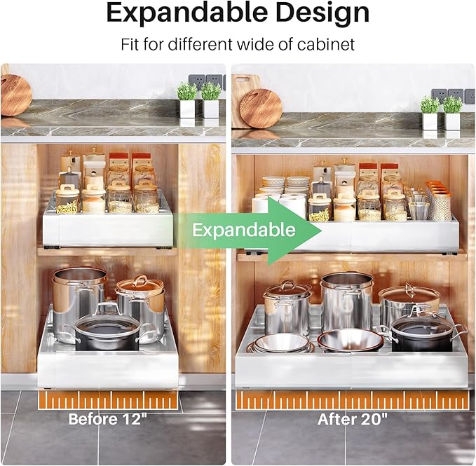 Pull out Cabinet Organizer, 4-pack, Expandable(12"-20") Heavy Duty Slide out Drawers Fixed with Adhesive Nano Film for Pots, Roll out Shelf Storage for Kitchen Base Cabinet Organization(3 Rails)
