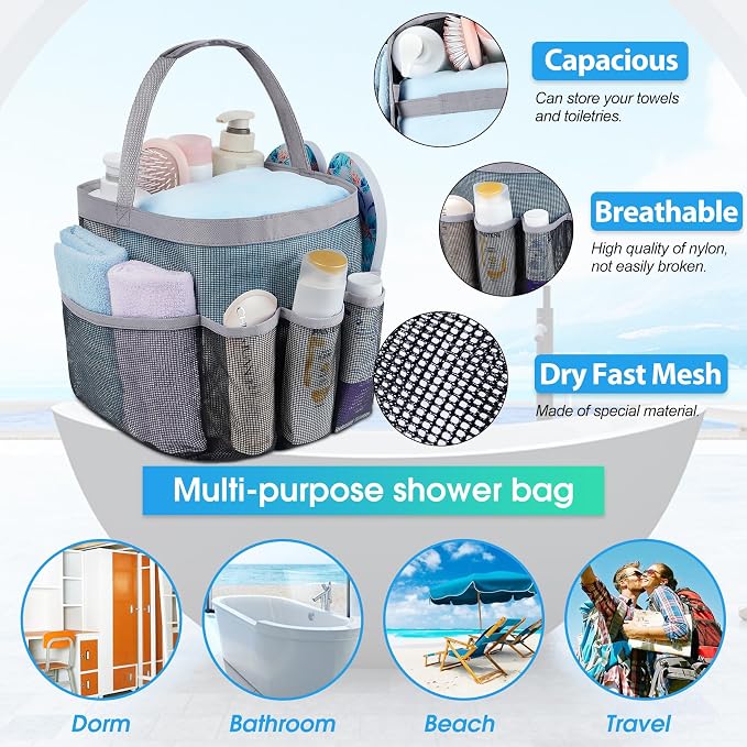 Mesh Shower Caddy Portable - 9 Pockets for College Dorm Room Essential | Large Capacity Mesh Shower Caddy with 9 Pockets, Portable Hanging Toiletry Bag for College Dorm, Gym, Camping and Beach