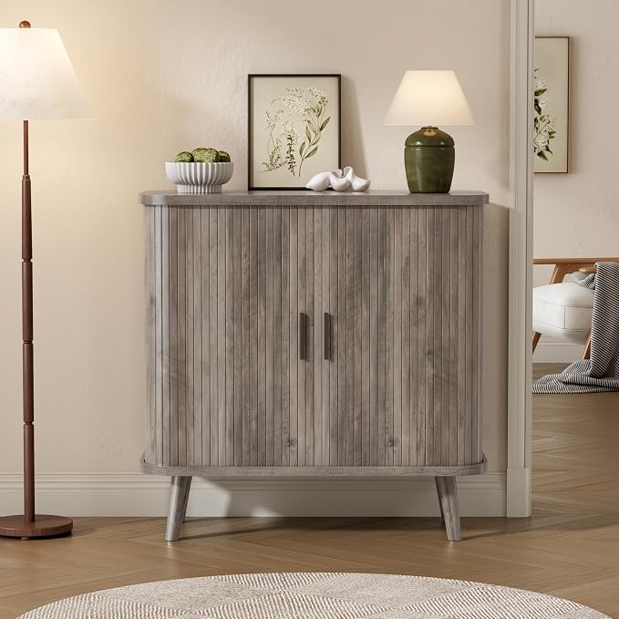 BORNOON Buffet Cabinet with Storage, Curved-Edge Fluted Storage Cabinet Sideboard, Modern Black Sideboard Buffet with Adjustable Shelves & Sliding Door for Dining Room, Kitchen, Entryway (Wood)
