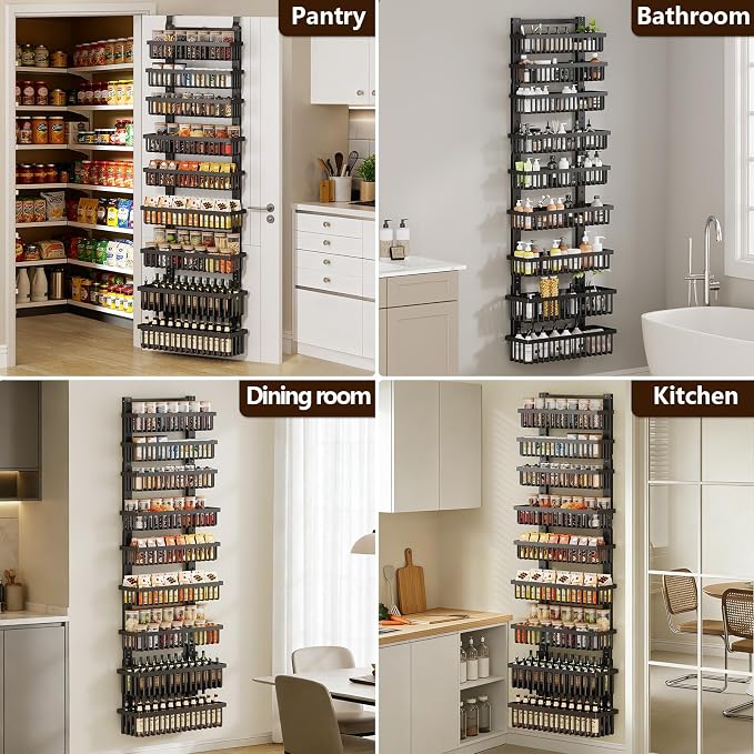 POKIPO 9 Tier Over The Door Pantry Organizer, 2 in 1 Wall Mount or Hanging Spice Rack with Adjustable Deep Basket, Heavy-Duty Seasoning Organizer and Storage for Kitchen Cabinet Closet Bathroom