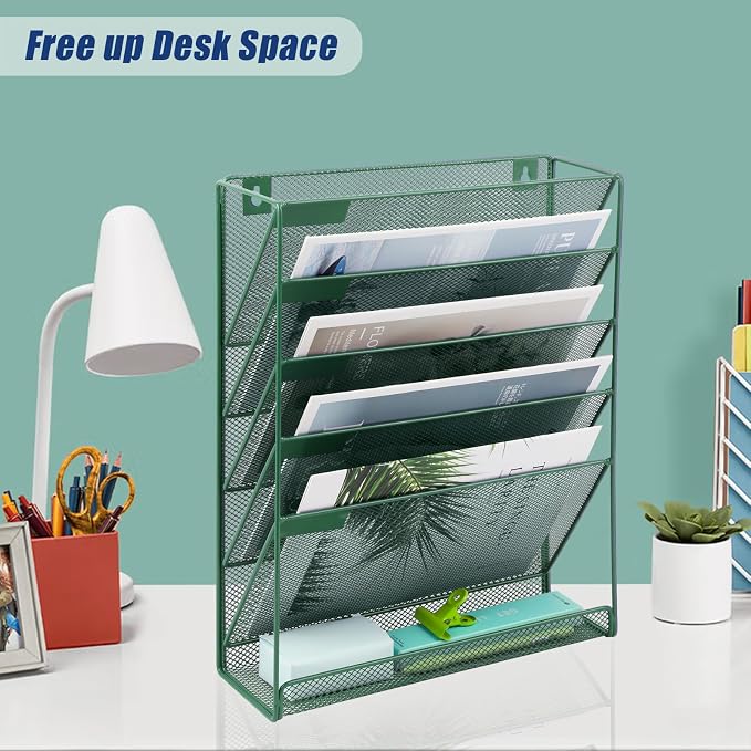 EASEPRES Desk File Organizer Mesh 6-Tier, Hanging Wall Mount Document Organization Stand, Desktop Vertical Mail Paper Folder Holder Rack with Bottom Tray for Office Home Cubicle Countertop, Dark Green
