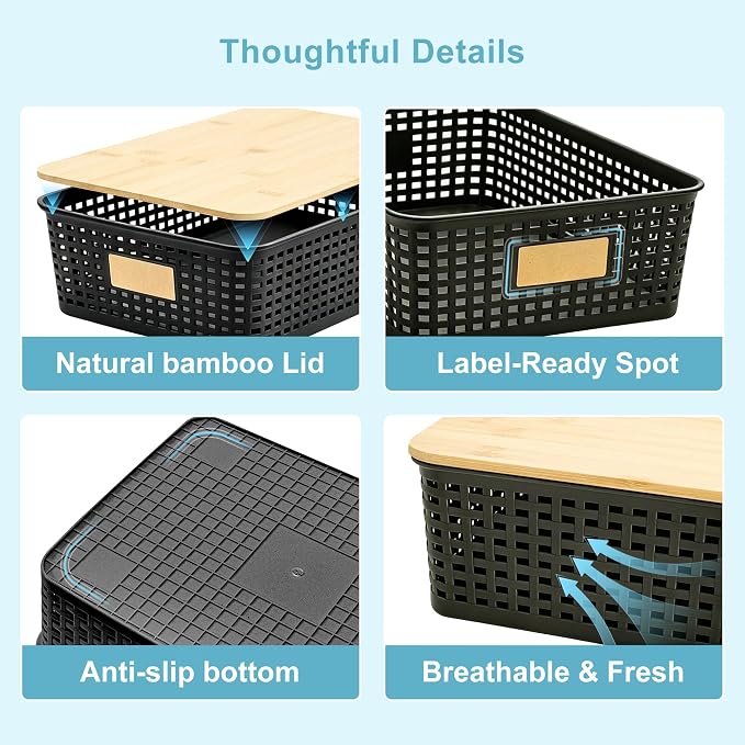 Bagnizer 4 Pack Plastic Storage Bins with Bamboo Lids, 6.2qt Stackable Storage Organizer Box with Lable for Pantry Shelves Drawers Desktop Office, 12"L x 8.3"W x 3.5"H, Black