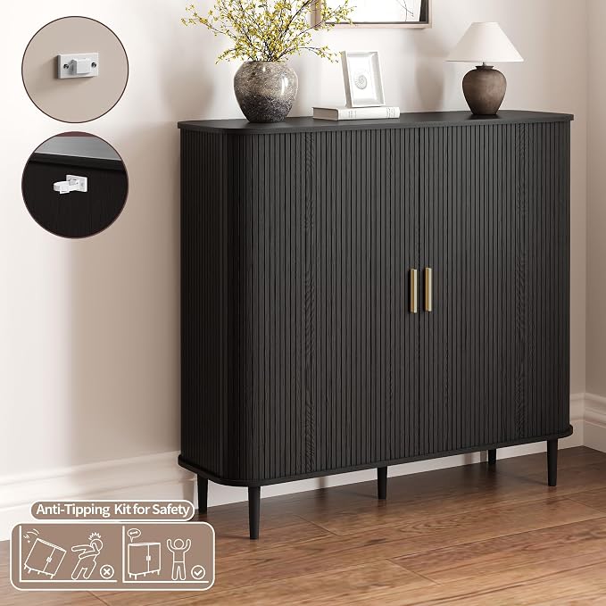 DHH Shoe Storage Cabinet with Sliding Door, 6-Tier Shoe Cabinet with Adjustable Shelves, Mid Century Modern Freestanding Shoe Storage Organizer for Entryway, Hallway, Living Room (Black, 47 ")