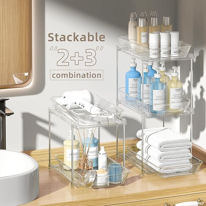 Sevenblue 4-Pack 2-Tier Under Sink Organizer with Pull Out Drawers | Multi-use kitchen & bathroom storage. Includes hanging hooks and cups. transparent, space-saving cabinet design. 11.2 Inch