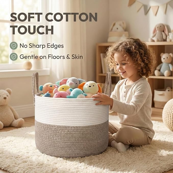 JMvicyroam 65L Extra Large Machine Washable Cotton Rope Blanket Basket | Collapsible laundry hamper, Reinforced handles, For blankets, pillows, toys and clothes, Living room and bedroom, White&Brown