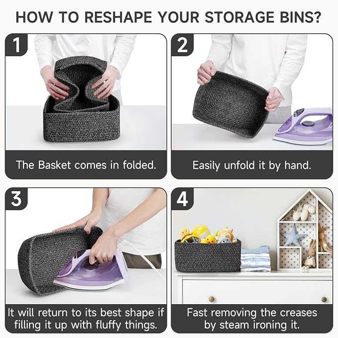 3-Pack Shelf Baskets for Organizing, Closet Organizer Bins, Small Woven Baskets, Rope Toy Basket, Storage Basket for Shelves, Cube Decorative Box, 11.8×7.8×5.1”, Mixed Black