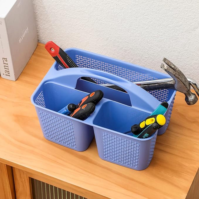 Plastic Portable Shower Caddy Basket with Handle, 3 Compartments, Dark Blue | Storage Organizer with Drain Holes, Sturdy and Durable For Bathroom, Kitchen, College Dorm, Sink, Camping
