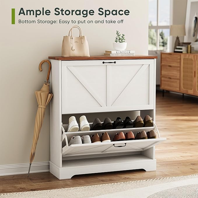 Smart FENDEE Shoe Cabinet, Shoe Storage Cabinet for Entryway with 2 Flip Drawers, Narrow Farmhouse Shoe Organizer Cabinet, Slim Shoe Rack Cabinet, White