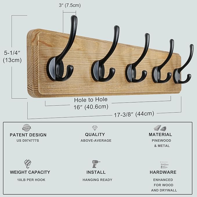 Coat Rack Wall: Patented, Heavy-Duty, 17.4" Long 5-Double-Hooks Wooden Wall Mounted Coat Rack Coat Hanger Hook Rail for Winter Coats Hat Jacket Clothing, Weathered Brown, Pack of 2