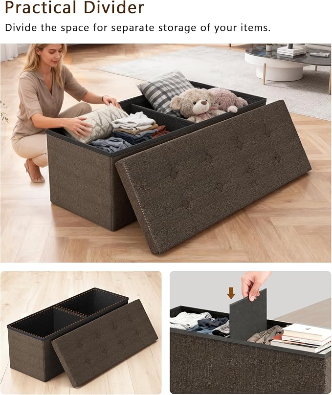 GLAXYFUR 43 Inches Folding Storage Ottoman Bench, Storage Chest, Brown | Ottoman Foot Rest, End of Bed Bench, Load 660 lb, Storage Box for Living Room, Bedroom, Entryway