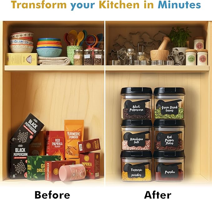 Shazo 6 PC Airtight Food Storage Containers + 6 Spoons Included - BPA Free Plastic Snack & Spice Containers with Easy Lock Lids - Kitchen and Pantry Organization for Herbs Coffee Tea - 0.5L / 2.1 Cup
