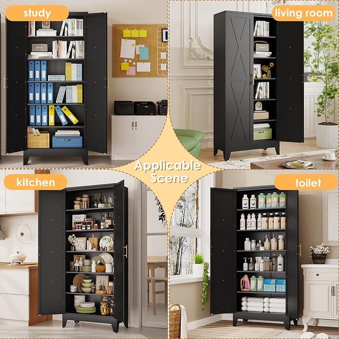 75.2" Tall Metal Kitchen Pantry Storage Cabinet, Freestanding Cupboard with 2 Doors and 5 Adjustable Shelves, Standing Storage for Kitchen, Bathroom, Garage, Dinning Room or Utility Room（Black）