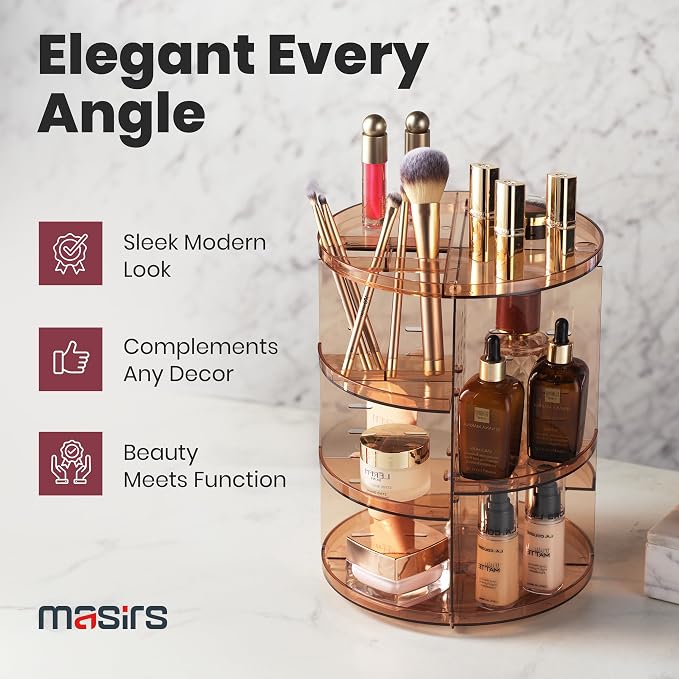 Masirs 360 Rotating Makeup Organizer Countertop, Adjustable Shelf, Brown | 360-Degree Rotating Makeup Organizer, Adjustable Shelf Height, Cosmetic Perfume Skincare Storage, Vanity Countertop, Brown