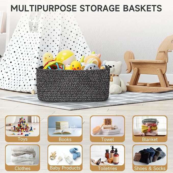 3-Pack Storage Baskets for Organizing | Woven Shelf Toy Basket | Rope Baskets for Gifts Empty | Closet Organizer Bins with Handles | Cube Decorative Box | 13.7×7.1×6.7” | Mixed Black