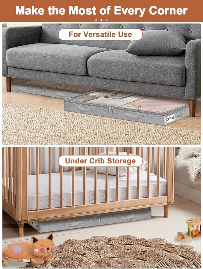 punemi Low-Profile Under Bed Storage Containers, 20 x 40 x 3 in, 4 Pack | No Rigid Structure, Soft Cloth Construction, Foldable, Zippered, for Blanket Storage, Under Crib, Couch, Sofa & Dorm Bed