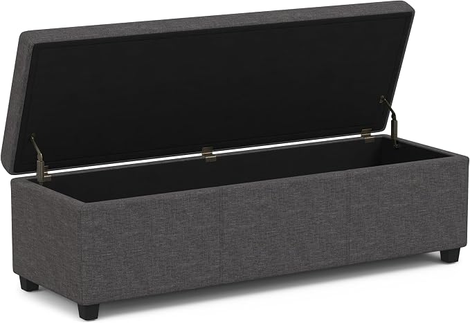 SIMPLIHOME Avalon 54" Wide Vegan Leather Storage Ottoman in Brown | Contemporary lift-top ottoman with high-density foam; rectangle storage bench or coffee table for living room or entryway.