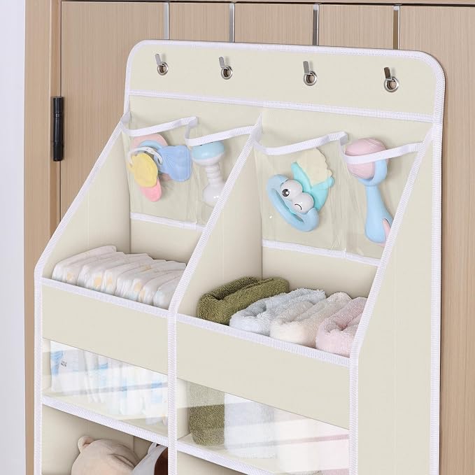 Univivi Upgraded Over the Door Organizer for Baby Nursery, Beige, 5-Shelf | Fabric Door Organizer with Clear Window Deep Pockets, Over Door Hanging Organizer for Baby Essential, Bedroom, and Dorm