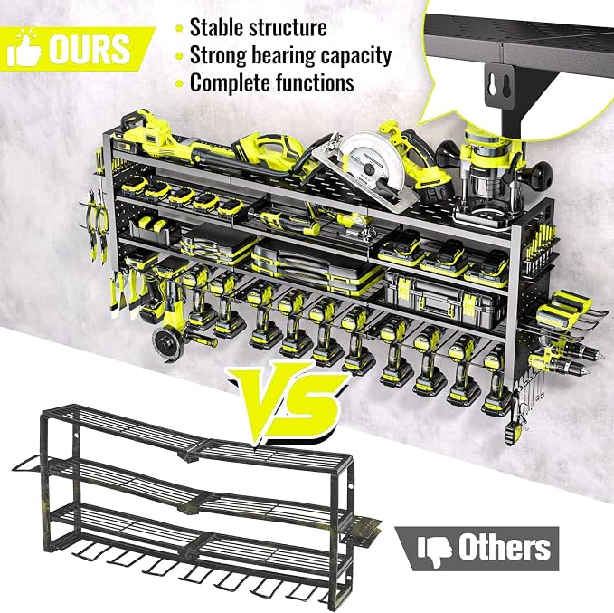 49.8" Power Tool Organizer Wall Mount,Holds 14 Cordless Drills | Large 4-Tier Tool Storage Rack, Heavy Duty 450 lb Load Capacity for Garage Workshop, Black, Gift for Men