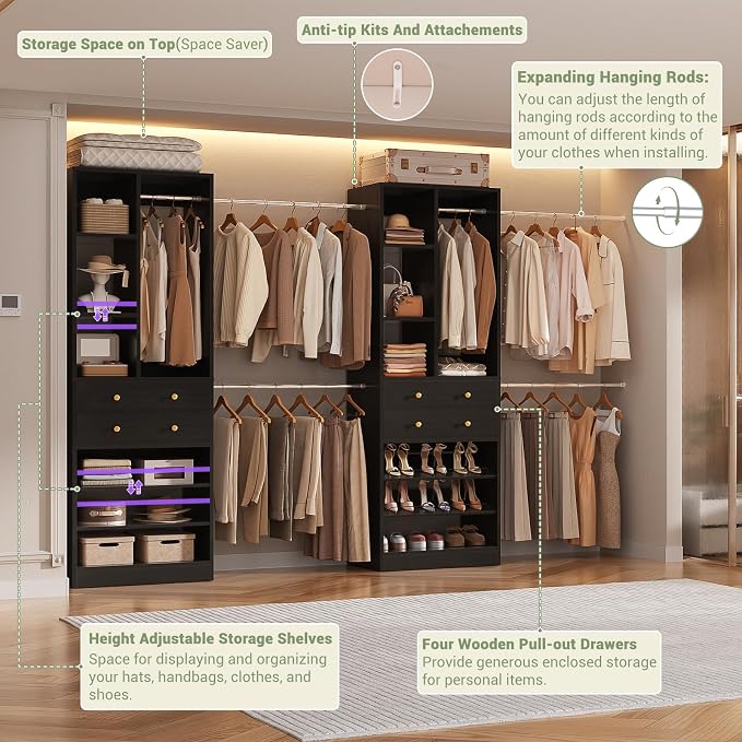 Besiost Closet System, Up to 134"/11.2 FT Closet Organizer with 4 Wooden Drawers and Shelves, Walk-in Closet System with 6 Hanging Rods, Built-in Closet Can Fit 96"/8FT, 120"/10FT, Black Set 2