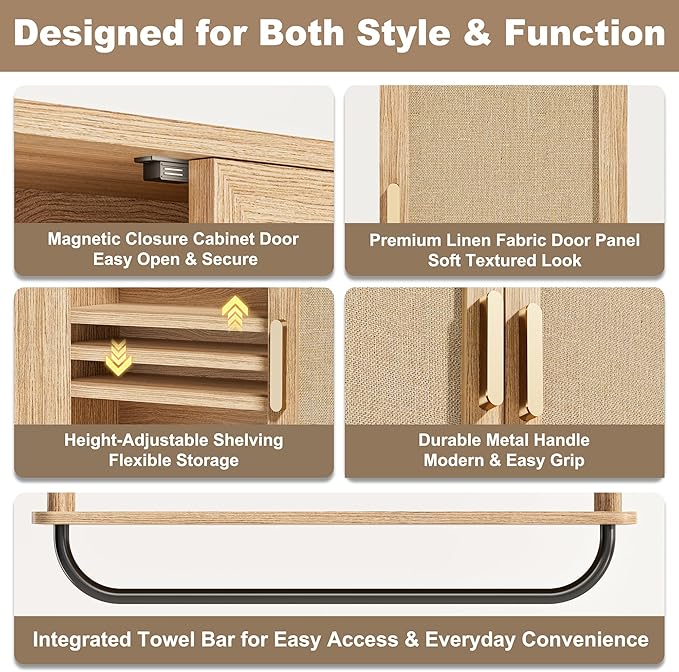 INNOD Rattan Bathroom Wall Cabinet with Towel Bar, Wall-Mounted Medicine Cabinet with Adjustable Wood Shelf & Doors, Over the Toilet Storage Cabinet for Laundry Room & Kitchen & Living Room
