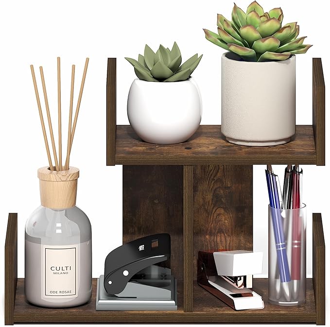Furinno HERMITE Desk Organizers and Accessories, 2-Tier U-Shape Office Organization Shelf, Desk Top Book Shelf, for Writing Supplies, Desktop, Amber Pine