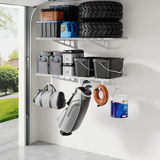 FLEXIMOUNTS 2-Pack 2x4ft Garage Shelving with Hooks, 600lbs Load, White | 24-inch-by-48-inch Wall Shelf Garage Storage Racks Floating Shelves, Rustproof Seamless Grid Design, Classic Series