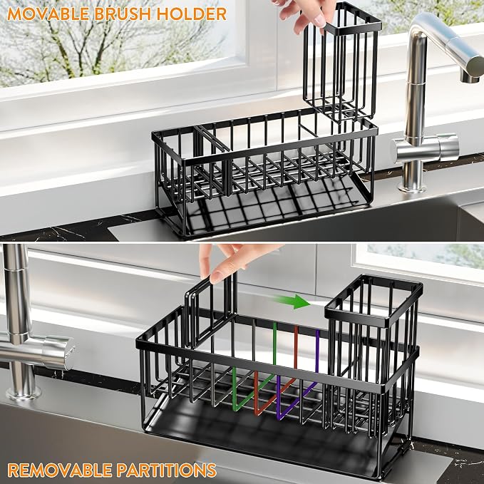 Cisily Extra Large Kitchen Sink Caddy Organzier with High Brush Holder, Sponge Holder for Sink, 304 Rustproof Stainless, Kitchen Countertop Soap Dispenser Organizer For Decor and Accessories