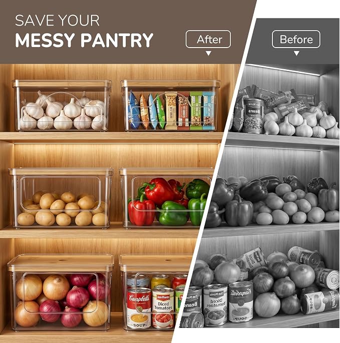 Hudgan Potato Onion and Garlic Storage Bin for Pantry Organizers, 3 Packs | Stackable, Straight Side, Bathroom Countertop Storage with Bamboo Lid, Pantry Box, Can Good Organizer, Kitchen Space Saver