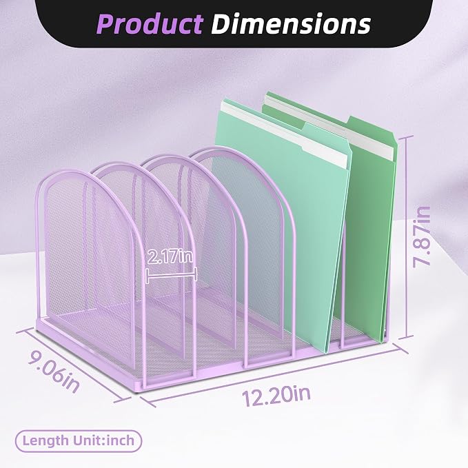 SUPEASY File Organizer 5-Section Mesh Desk Organizer, Upright File Organizer Desktop Organizer File Sorter, File Folder Holder for Office Supplies, Purple | 5 Vertical Compartments with Sturdy Metal Base for Office Documents Books Magazines and Laptop
