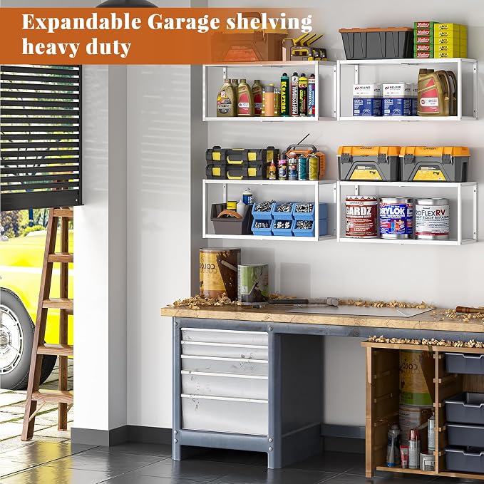 ThreeHio 2 Pack Expandable Garage Shelves Wall Mount, Heavy Duty Garage Wall Shelving, Hanging Storage Rack Metal Shelving for Garage Organization, Floating Shelves for Laundry bathroom Living Room