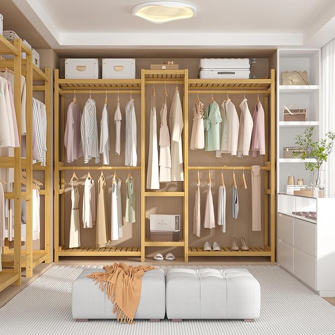 Bamboo Closet System Clothes Rack, Large Freestanding Garment Rack Clothing Rack for Hanging Clothes with 7 Storage Shelves and 5 Rods, Open Wardrobe Organizer with 4 Hooks, Natural