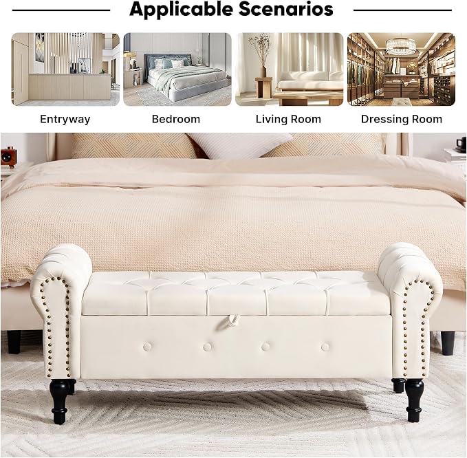 Storage Bench 51" Velvet End of Bed Benches Beige | Queen Size Storage Bench for Bedroom with Rolled Arms Tufted Ottoman Benches Upholstered Bench for Living Room Entryway