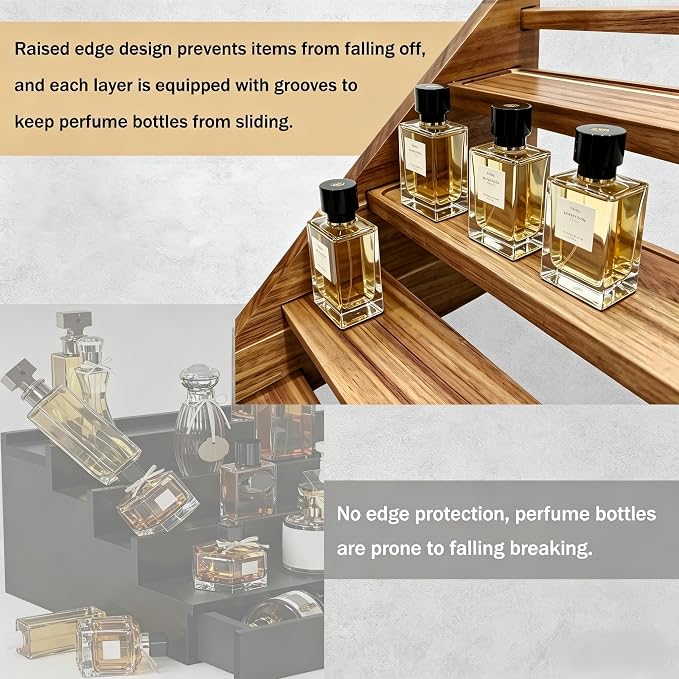 Acacia Wood 4 Tier Slanted Cologne Stand for Men, Wooden Fragrance Display Rack for Dresser Counter Bathroom Vanity