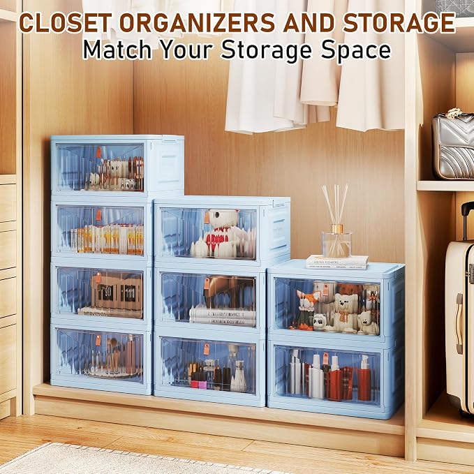 4 Tier Stackable Plastic Storage Bins with Lid and Wheels - 23 QT Closet Organizers and Storage, Foldable Storage Containers, Organization and Storage Boxes for Craft, Home, Pantry, Dorm, Blue