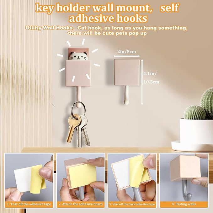 4Pcs Cute Self Adhesive Wall Hooks for Coat,Towel,Key,Scarf, Hat | Heavy Duty Wall Hooks for Hanging,Waterproof,Kawaii Room Decorative Cat Hook for Bathroom,Bedroom,Tiles, Glass Door or Mirror