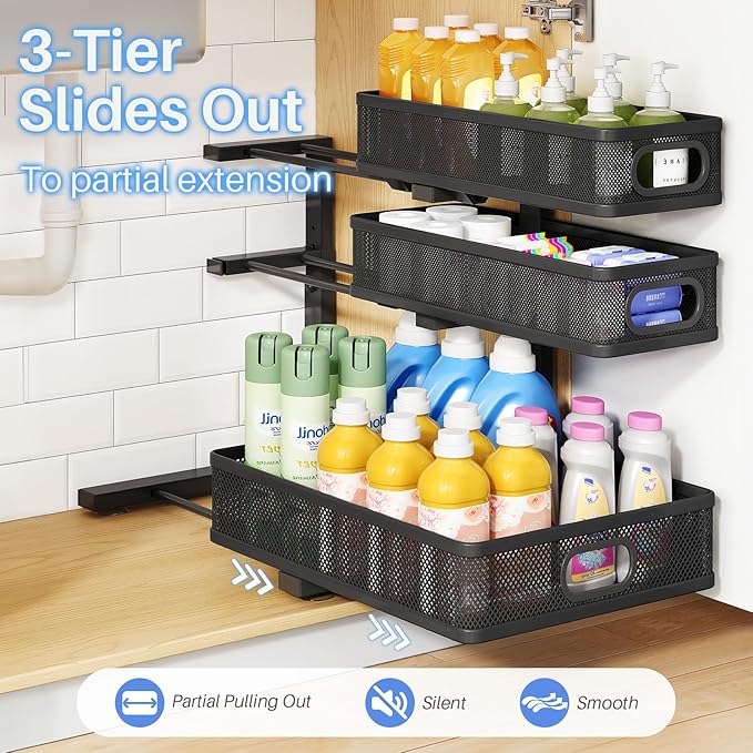Under Sink Organizer, 3-Tier Thickened Metal Pull out Cabinet Organizer Shelf, Height Adjustable Slide out Storage Drawer Rack for Kitchen Bathroom Pantry Laundry Home Organization, 1-Pack, Black | 35% Extra Storage Capacity, Carbon Steel, Hold Up 55lb...
