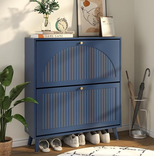 Fsbecl Shoe Storage Cabinet for Entryway with 2 Flip Drawers, Narrow Wood Shoe Cabinet with Fluted Panel, Freestanding Hidden Shoe Organizer for Hallway