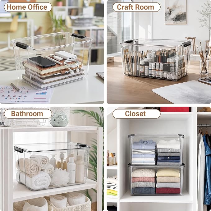 108Qt Stackable Storage Bins with Lids,Clear Latching Organizer Boxes,4Pack | Craft Box with Buckle Clips, Dustproof Durable Storage Containers for Closet Organization, for Office, Arts & Crafts Supplies