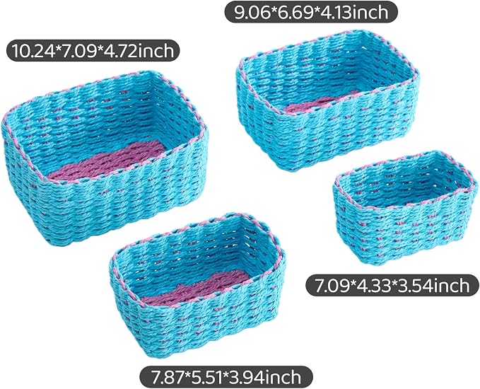 4PCS Woven Storage Baskets Set, Small Baskets for Organizing, Square Handwoven Paper Rope Organizer Bins for Shelves and Home Storage (Blue & Pink)