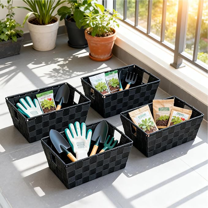Black Storage Baskets for Shelves, Woven Shelf Baskets for Organizing, Small Strap Organizer Basket for Bathroom Storage, Set of 4