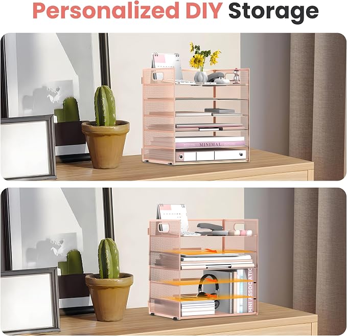 Daltack 6-Tier Paper Organizer for Desk with Handle, Rose Gold | Sturdy Metal Mesh Organizer with Movable Middle Trays and a Carry Handle for Papers, Folders and Office Supplies