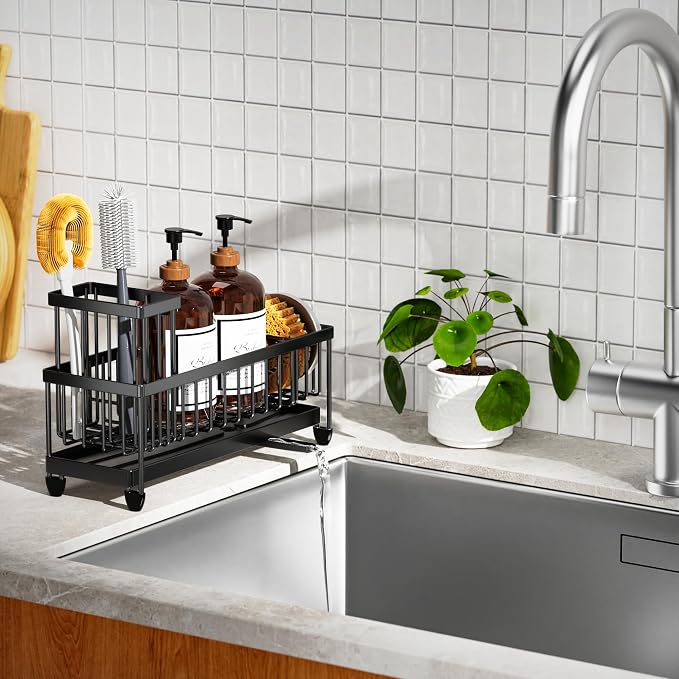 Cisily Sponge Holder for Kitchen Sink, Sink Caddy Organizer with High Brush Holder, Kitchen Countertop Organizers and Storage Essentials, Rustproof 304 Stainless Steel (Large Black, 10.62″)