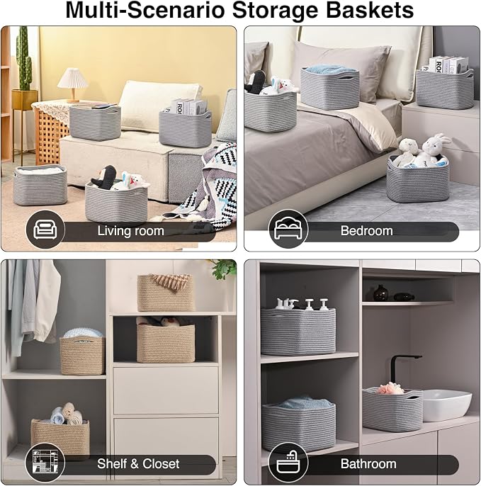 ICERZCZ Small Storage Baskets for Shelves Organizing, Woven Cotton Rope Baskets for Storage, Book Basket, Decorative Shelf Basket, 12.5"Lx9.1''Wx7.9''H (4 Packs) Grey